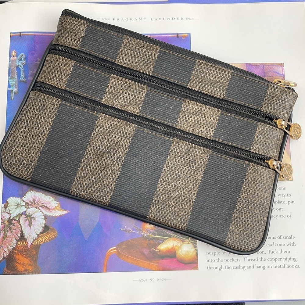 Fendi Authentic Vintage Penguin Stripe Tobacco 3 Zip Clutch/Pouch.MA100